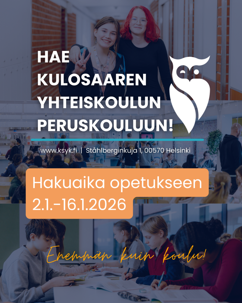 Hae Kulosaaren yhteiskoulun peruskouluun -mainos. Taustalla kuvia ja päällä sininen peiteväri.