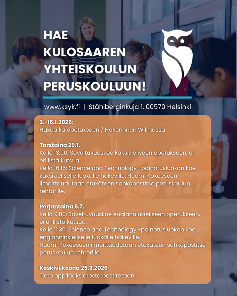 Hae Kulosaaren yhteiskoulun peruskouluun -mainos. Taustalla kuvia ja päällä sininen peiteväri.