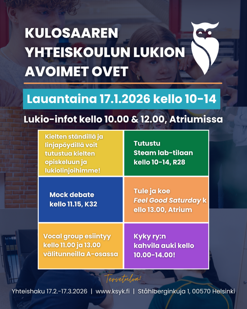 Kulosaaren yhteiskoulun lukion avoimet ovet 17.1.2026.
