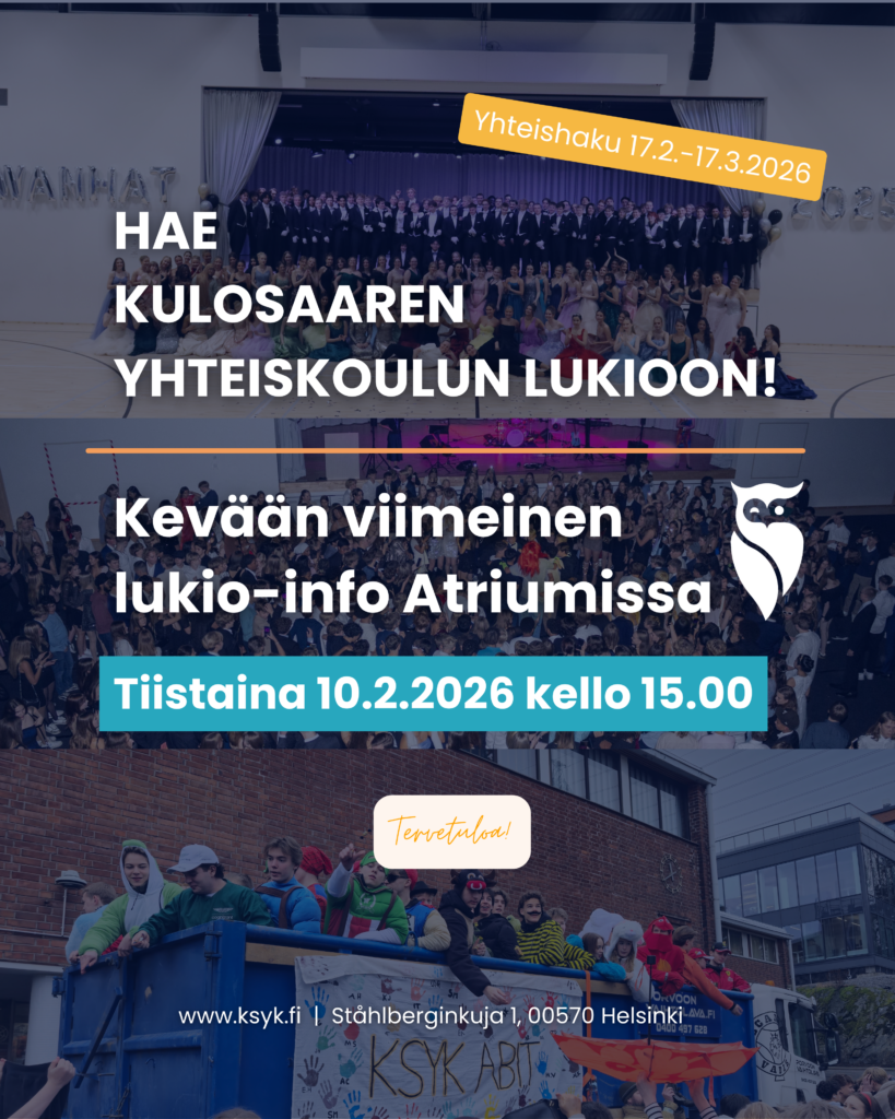 Kevään viimeinen lukio-info järjestetään tiistaina 10.2.2026 kello 15.00 Atriumissa.
