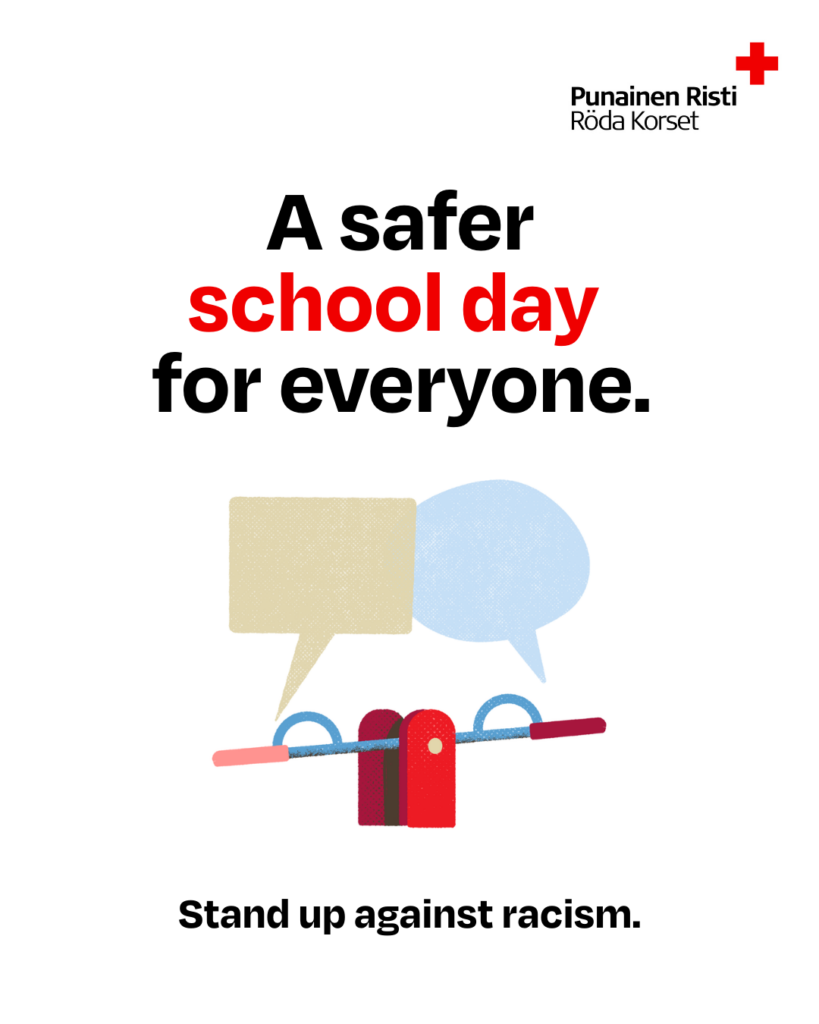 Rasisminvastaisen viikon mainos Kulosaaren yhteiskoulussa.