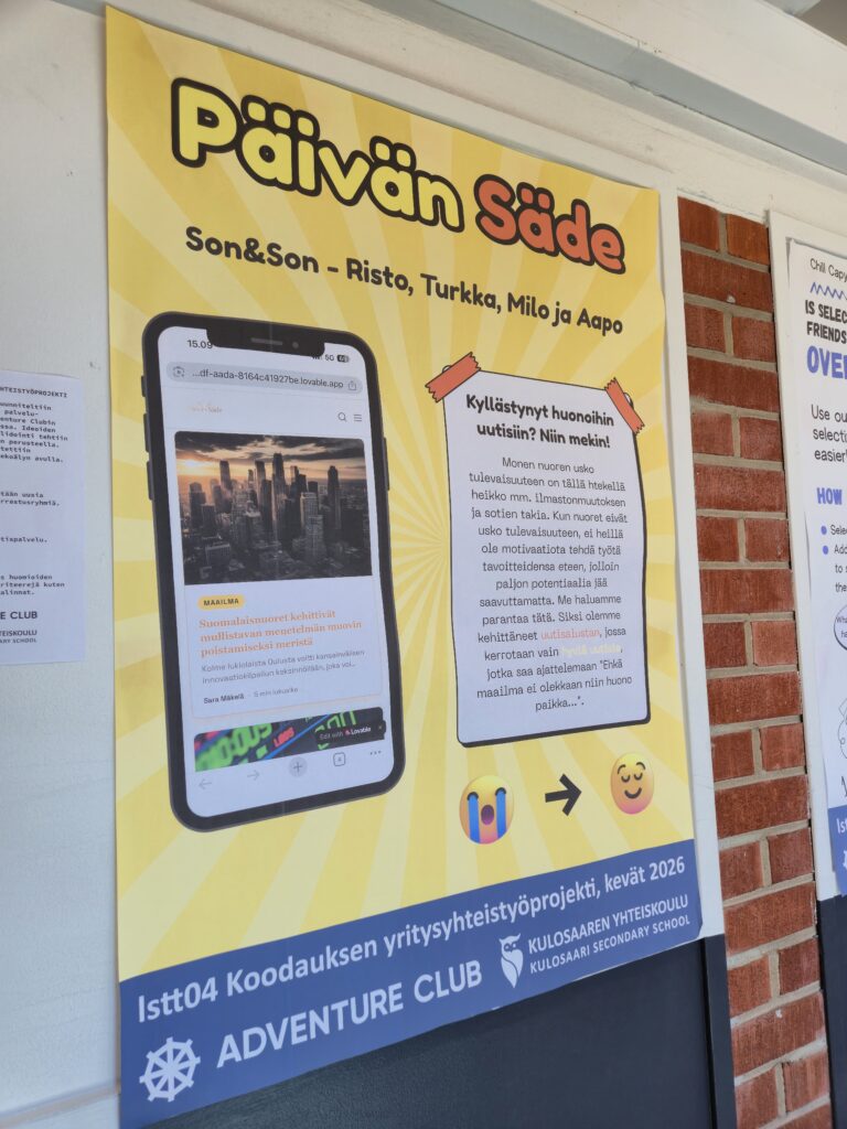 Lukion Koodauksen yritysyhteistyöprojekti -kurssi periodissa 4

Lukiolaiset pääsivät tutustumaan palvelumuotoiluyritys Adventure
Clubin toimintaan ja suunittelivat mobiilisovelluksen yrityksen
ammattilaisten ohjauksessa. Suunnittelu aloitettiin miettimällä
ongelmia, joita voitaisiin sovelluksella ratkaista. Ideointi ja
suunnittelu tehtiin käyttäjätutkimusten perusteella. Kun idea
vahvistui, prototyypit valmistettiin tekoälyn avulla Vibe-koodauksena.

Kurssi toteutti sovellukset Hobby Hopper, jolla on mahdollista etsiä
uusia harrastuksia ja harrastusryhmiä, Päivän Säde – hyvien uutisten
uutispalvelu ja Schedulenize, jolla lukiolainen voi laatia
lukujärjestyksen huomioiden erilaisia valintakriteerejä kuten
kavereiden kurssivalinnat.

Kurssilla nähtiin ja opittiin, miten tuotesuunnittelua tehdään
nykyaikaisin työvälinein ja prosessein. Tekoäly on vahvasti mukana.
Sen avulla on nopea tuottaa uusia versioita prototyypistä, joita
voidaan antaa testikäyttäjien arvioitavaksi. Tässä käytössä tekoälystä
on todella hyötyä.