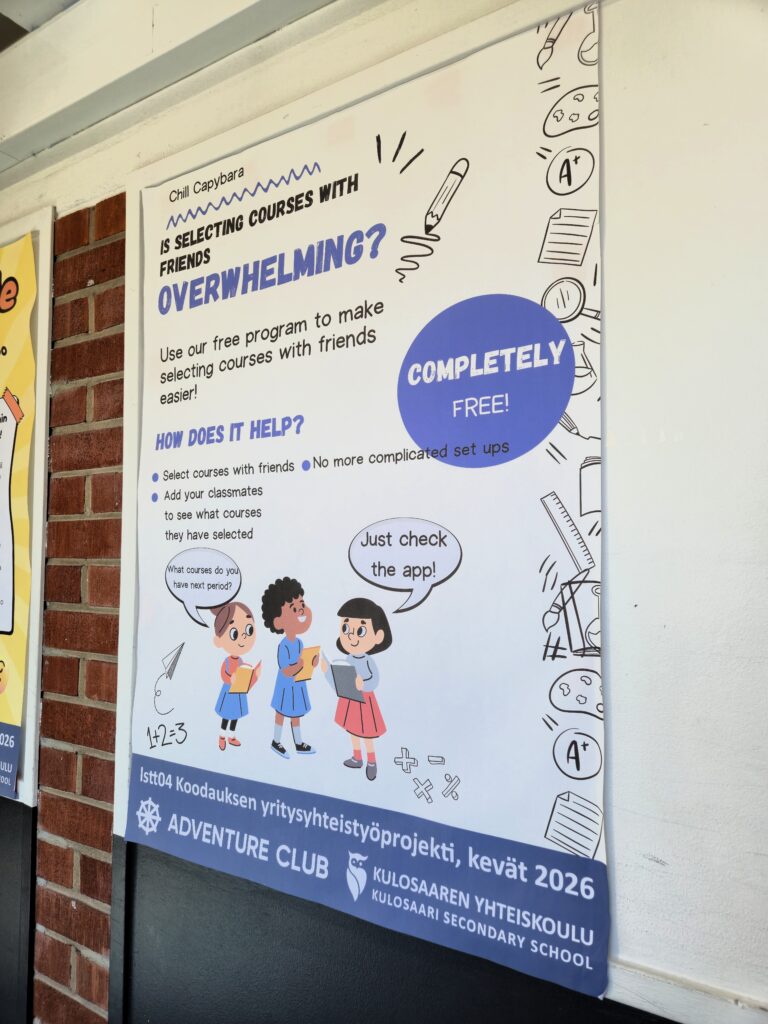 Lukion Koodauksen yritysyhteistyöprojekti -kurssi periodissa 4

Lukiolaiset pääsivät tutustumaan palvelumuotoiluyritys Adventure
Clubin toimintaan ja suunittelivat mobiilisovelluksen yrityksen
ammattilaisten ohjauksessa. Suunnittelu aloitettiin miettimällä
ongelmia, joita voitaisiin sovelluksella ratkaista. Ideointi ja
suunnittelu tehtiin käyttäjätutkimusten perusteella. Kun idea
vahvistui, prototyypit valmistettiin tekoälyn avulla Vibe-koodauksena.

Kurssi toteutti sovellukset Hobby Hopper, jolla on mahdollista etsiä
uusia harrastuksia ja harrastusryhmiä, Päivän Säde – hyvien uutisten
uutispalvelu ja Schedulenize, jolla lukiolainen voi laatia
lukujärjestyksen huomioiden erilaisia valintakriteerejä kuten
kavereiden kurssivalinnat.

Kurssilla nähtiin ja opittiin, miten tuotesuunnittelua tehdään
nykyaikaisin työvälinein ja prosessein. Tekoäly on vahvasti mukana.
Sen avulla on nopea tuottaa uusia versioita prototyypistä, joita
voidaan antaa testikäyttäjien arvioitavaksi. Tässä käytössä tekoälystä
on todella hyötyä.