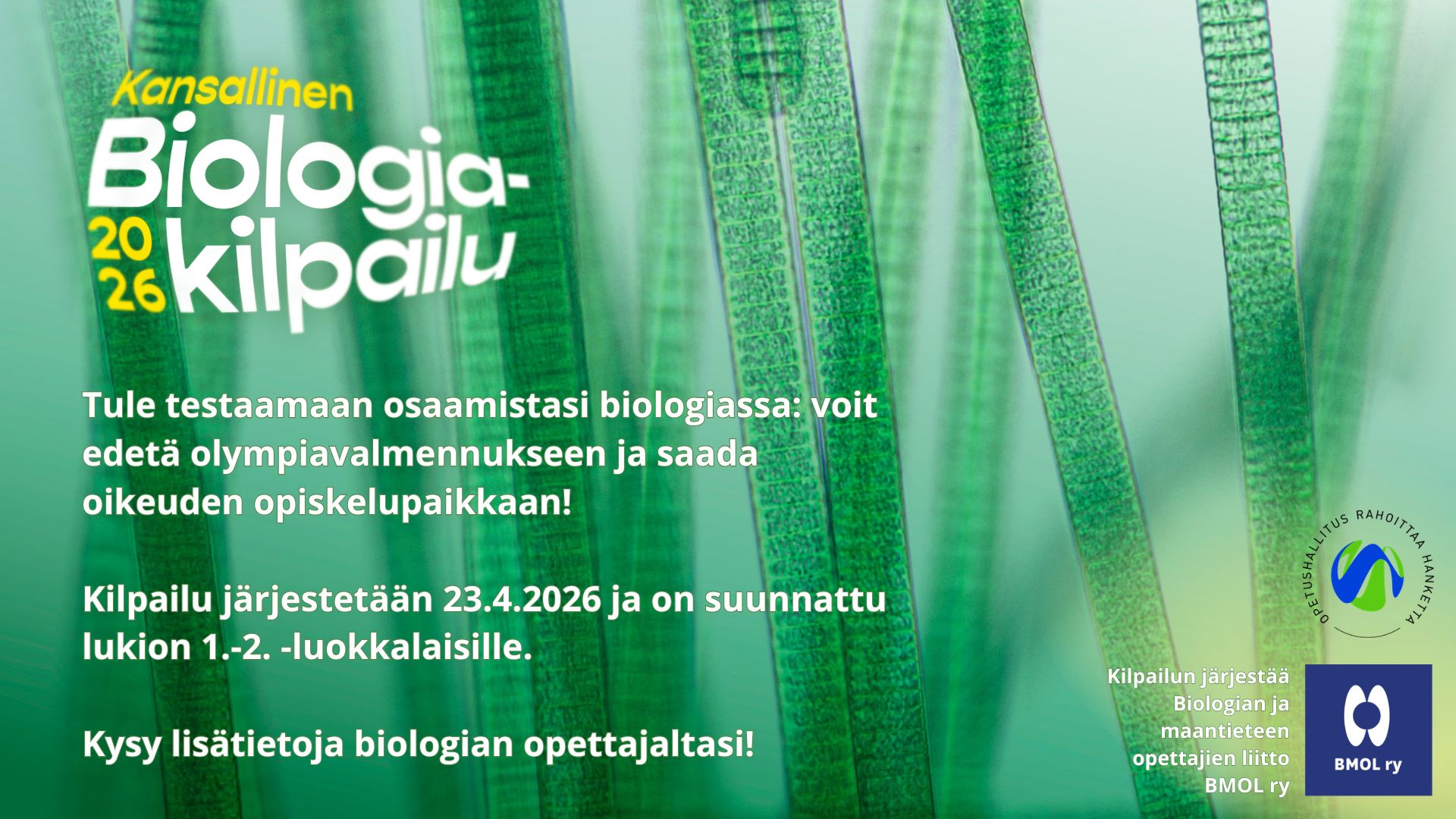 Kansallisen biologiakilpailun mainos.